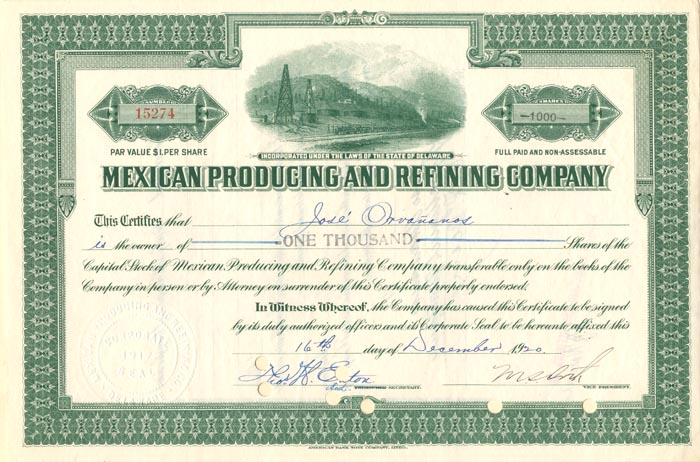 Mexican Producing and Refining Co. - Stock Certificate